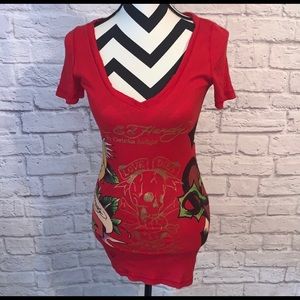 ED HARDY Y2K V Neck Graphic Print Red Top